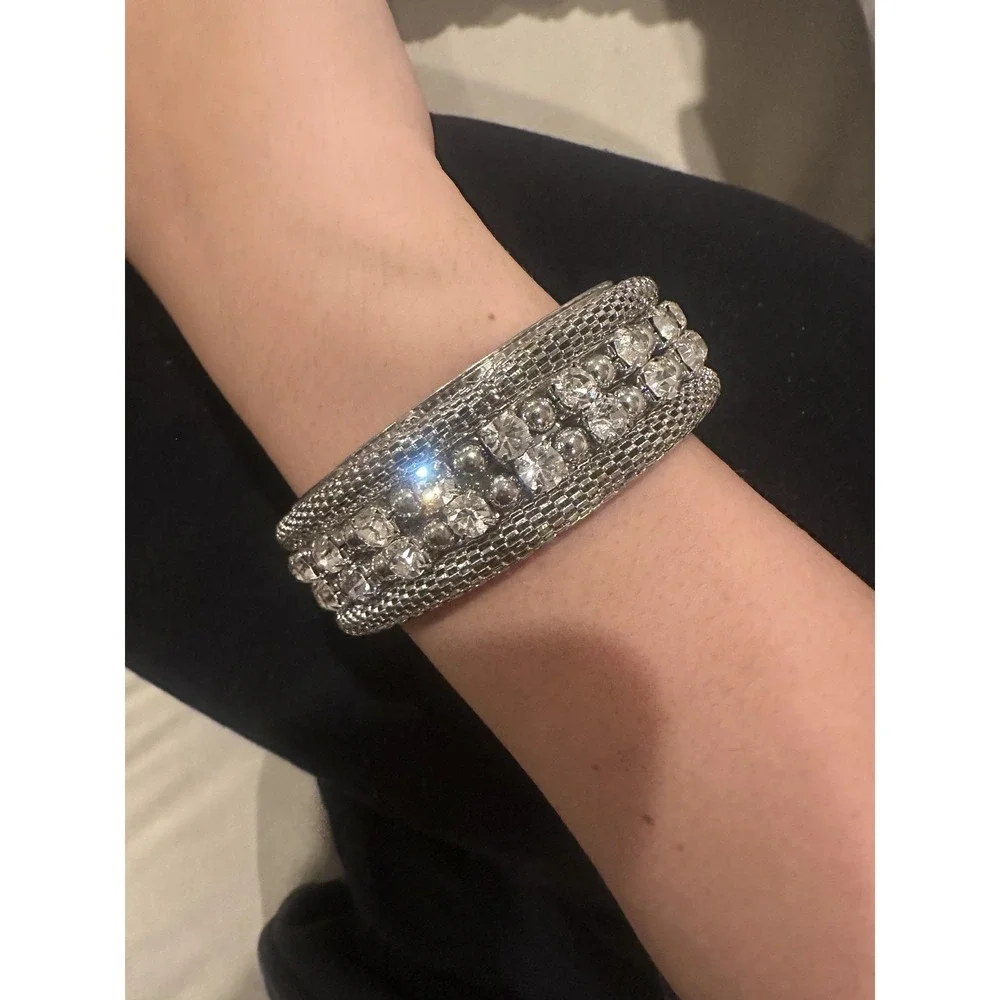 Silver Tone Sparkly‎ Rhinestone Wide Bangle Bracelet Womens Cuff Costume Jewelry